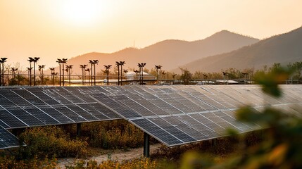 Solar photovoltaic panel theme, photovoltaic curtain walls of modern buildings present dynamic light and shadow with light changes, intelligent temperature control system interface beside, background 