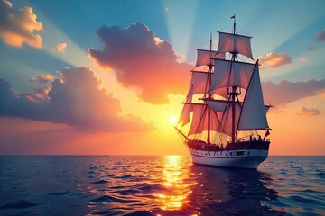 Fototapeta premium Majestic sailing ships at sunset, gleaming white hulls against a vibrant sky, capturing the beauty of the sea and the elegance of nautical vessels , tranquil, vessel, blue