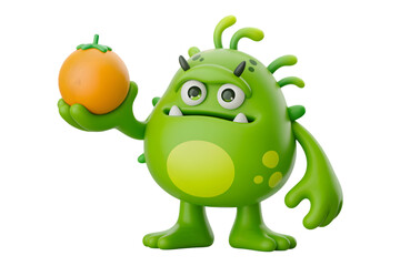 Cute green monster holding an orange fruit isolated on transparent background