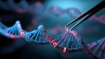 Genetic engineering theme, 3D - rendered CRISPR - Cas9 system cutting DNA double strands, sgRNA guide sequences labeled beside, background is a laboratory blue light operating table 