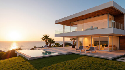 Fototapeta premium Modern villa with ocean view, sunset, pool, and palm trees creates serene atmosphere. Perfect for relaxation and luxury living