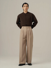 Obraz premium Young man in brown button-up shirt and beige pants standing in a modern indoor studio.