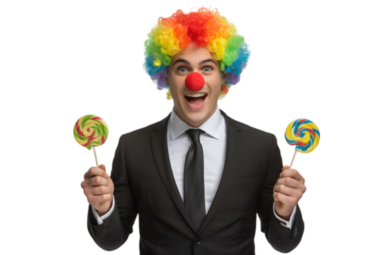 Happy clown in suit holding lollipops isolated on transparent background