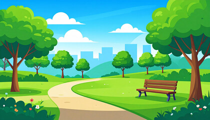A summer landscape with green trees, a road, and a wooden bench under a sunny sky with clouds
