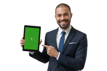 Smiling businessman pointing to tablet with green screen isolated on transparent background