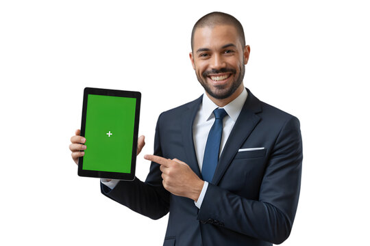 Smiling businessman pointing to tablet with green screen isolated on transparent background - Powered by Adobe