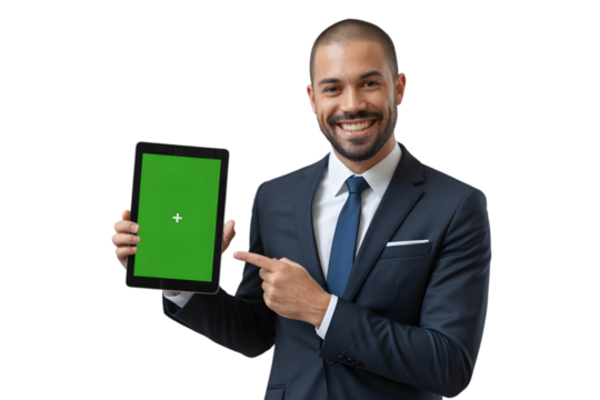 Smiling businessman pointing to tablet with green screen isolated on transparent background