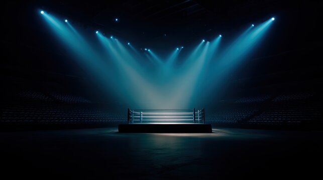 A dramatic boxing ring illuminated by blue spotlights in an empty arena, creating a tense atmosphere - Powered by Adobe