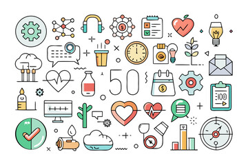 50 Essential Health and Wellness Icons Vector Illustration Pack