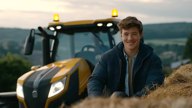 a farm road with tractors and crops cluttered with hay bales soft natural light from the sun a young man hauling natural poses as he drives detailed textures on the hay's stra