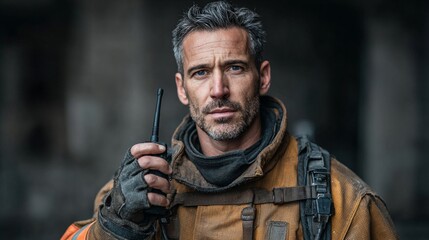 Obraz premium Firefighter in professional gear holding walkie talkie inside an abandoned building