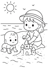 coloring book sister and brother making sandcastle on beach