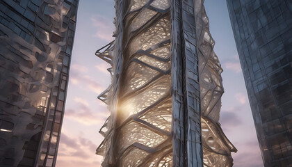 Futuristic Skyscraper Facade with Organic, Woven Design Against Twilight Sky