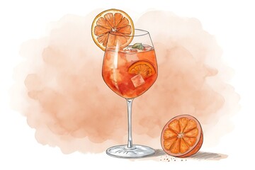 Watercolor Illustration of an Orange Aperol Spritz Cocktail with Orange Slice and Mint drink beverage