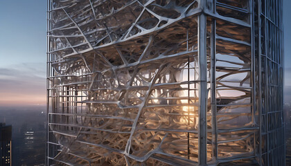 Futuristic Skyscraper Facade with Organic Geometric Pattern at Sunset