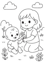 coloring book sister show a flower to baby brother in garden
