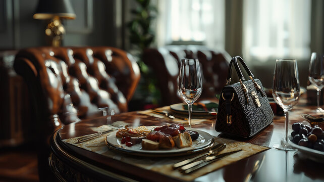 Materialistic Lifestyle. A luxury dining table with untouched food and a handbag