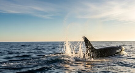 Fototapeta premium A majestic orca whale splashes its powerful tail fin in the calm ocean waters under a clear, sunny sky.