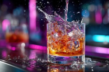 Splashing whisky served on the rocks at a vibrant bar in the evening