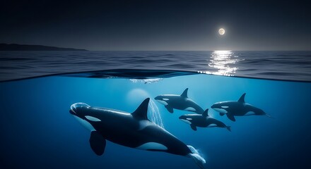 A pod of orcas swims gracefully through the deep blue ocean under a moonlit night sky.