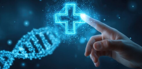 Futuristic medical concept with DNA and glowing cross symbol.