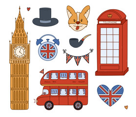 Lovely cartoon doodle Great Britain set with national landmarks, cultural symbols of England. Funny hand drawn double decker bus for sightseeing, public call box, Big Ben, corgi isolated on white.