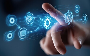 Human finger touching a futuristic digital interface with automation icons.