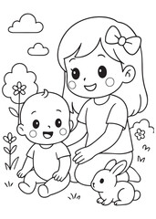 coloring book sister playing with baby brother and bunny in garden