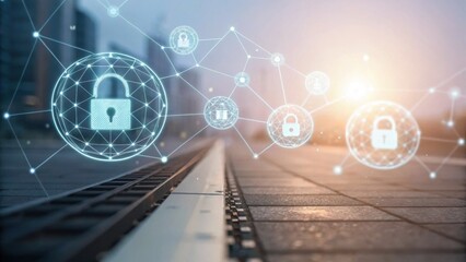 A digital illustration showing interconnected security icons overlaid on a railway platform, symbolizing cybersecurity and technology.