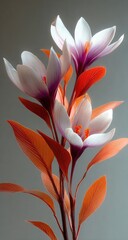 Close-up of three elegant,  pale white and reddish orange flowers