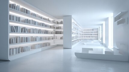 A modern, minimalist library interior featuring sleek white shelves filled with books and bright, ambient lighting.