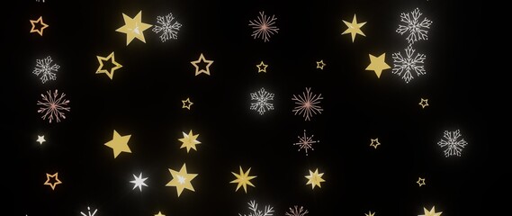 Beautiful winter background with gold stars and snowflakes on a black background. Perfect for Christmas and New Year.