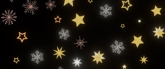 Beautiful holiday background with golden stars and snowflakes on a black background. Perfect for Christmas and New Year's designs.