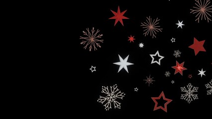 Festive holiday background with red and white stars and snowflakes on a black background. Perfect for Christmas or winter themes.