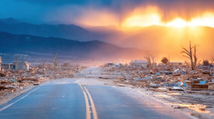Fototapeta premium Desolation along the road after a devastating natural disaster