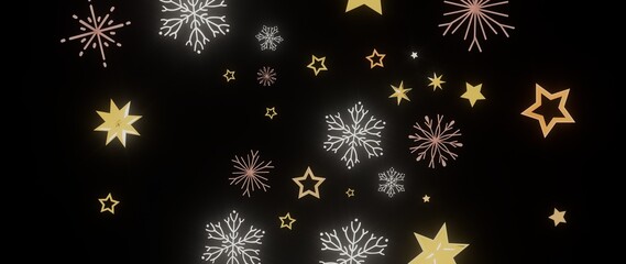 Festive winter background with gold stars and snowflakes on black. Perfect for Christmas, New Year, holidays.