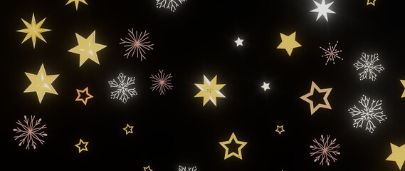Perfect for holiday designs, this image features gold stars and snowflakes on a black background. Ideal for cards, websites, and more.