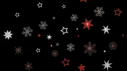 Festive winter background with red and white stars and snowflakes on a black background. Perfect for Christmas and New Year designs.