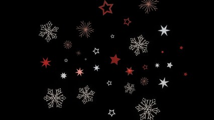 Festive winter background with red and white stars and snowflakes on a black backdrop. Perfect for Christmas and holiday designs.