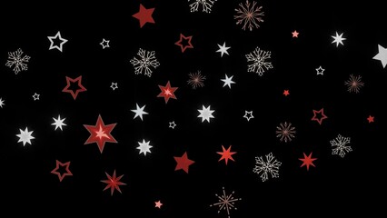 Festive holiday background with red and white stars and snowflakes on a black background. Perfect for Christmas, New Year, winter designs.