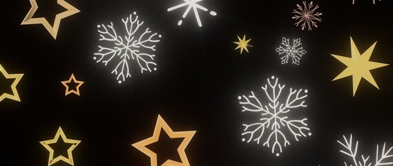 Festive background with golden stars and white snowflakes on a black background. Perfect for Christmas or winter designs.
