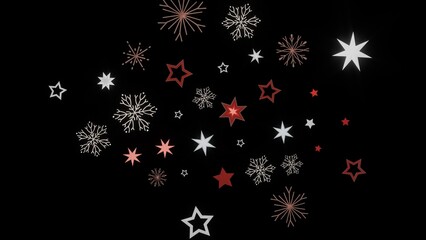 Festive winter background with red and white stars and snowflakes on a black background. Perfect for Christmas or New Year's designs.