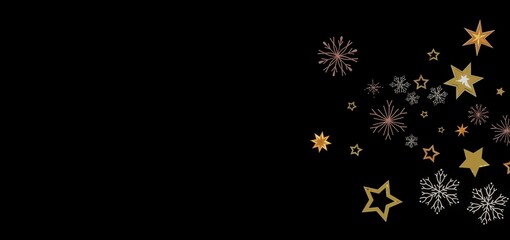 Elegant holiday background with gold stars and snowflakes on black. Perfect for cards, invitations, and more.