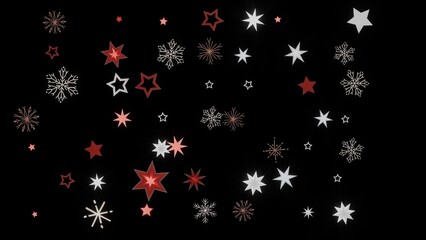 Festive winter background with red and white stars and snowflakes on a black background. Perfect for Christmas or New Year's designs.