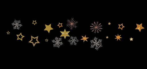 Elegant Christmas or New Year's background with gold stars and snowflakes on black. Perfect for holiday cards, banners, and websites.