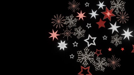 Beautiful Christmas background with red and white stars and snowflakes on black. Perfect for cards, banners, and more.