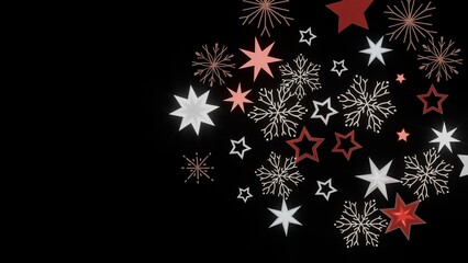 Festive holiday background with red and white stars and snowflakes on a black background. Perfect for Christmas cards, invitations, or winter-t
