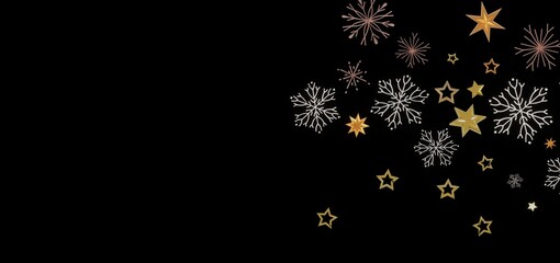 Beautiful winter background with gold stars and snowflakes on black. Perfect for holidays, websites, and more.