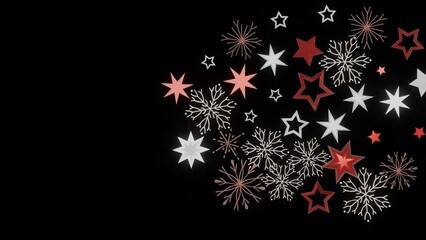 Festive holiday background with red and white stars and snowflakes on a black background. Perfect for Christmas or winter designs.