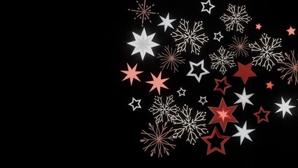 Festive background with red and white stars and snowflakes on a black background. Perfect for Christmas or winter designs.